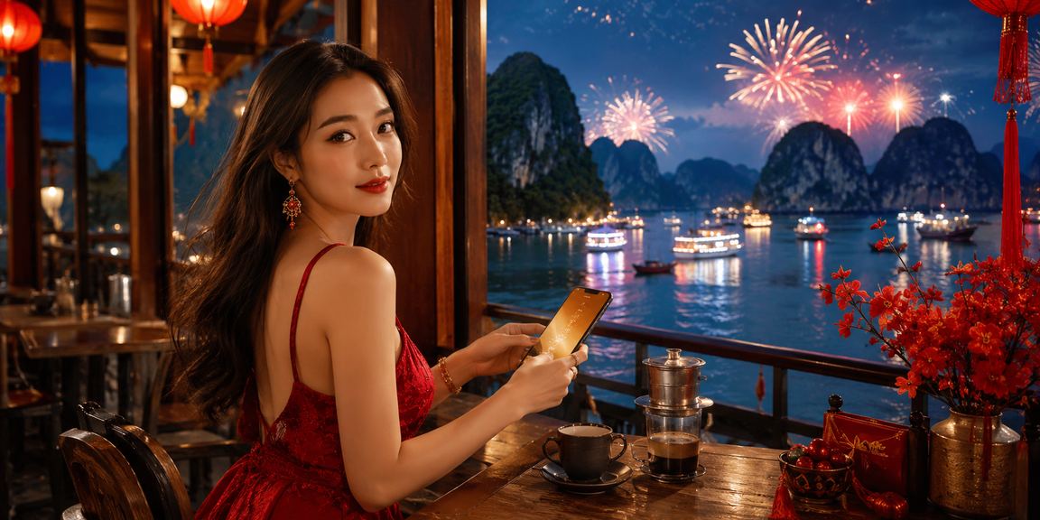 Vịnh Hạ Long nhìn từ xa và người dùng kiểm tra thưởng đăng ký mới trên điện thoại