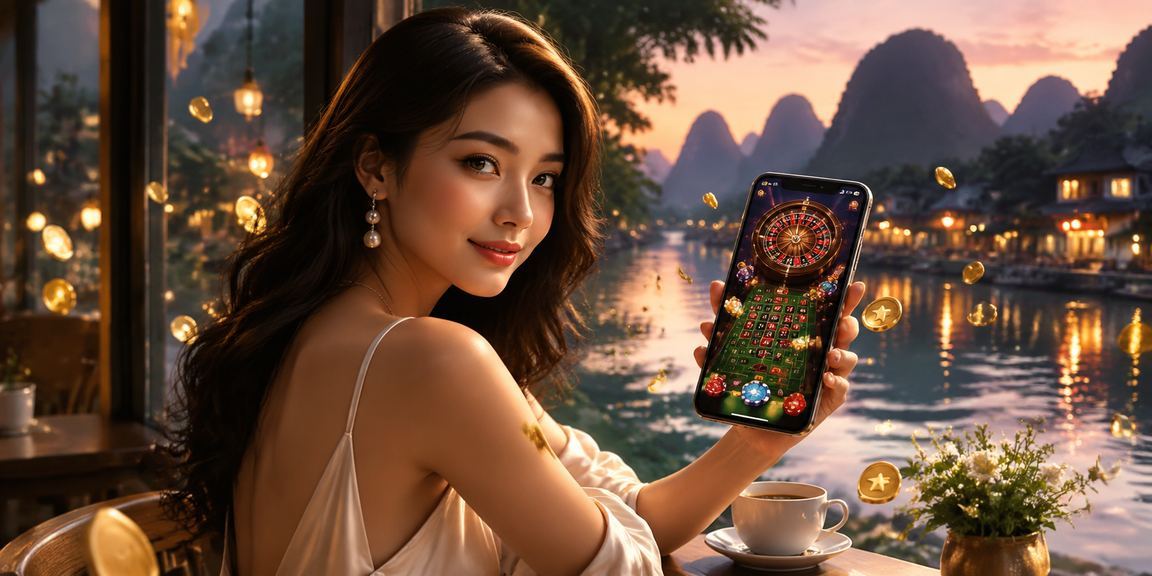 Ninh Bình cảnh núi non và người dùng chơi casino di động trên điện thoại buổi chiều